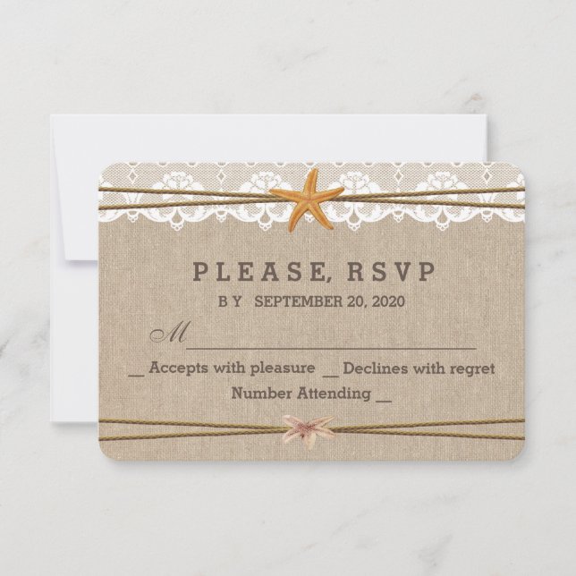 Chic Rustic Beach Starfish Lace Wedding RSVP Card (Front)