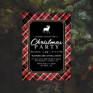 Chic Rustic Black Plaid Reindeer Christmas Party Invitation