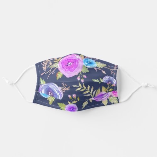 Chic rustic blue purple floral watercolor on navy adult cloth face mask