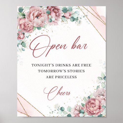 Chic Rustic blush floral gold frame open bar sign