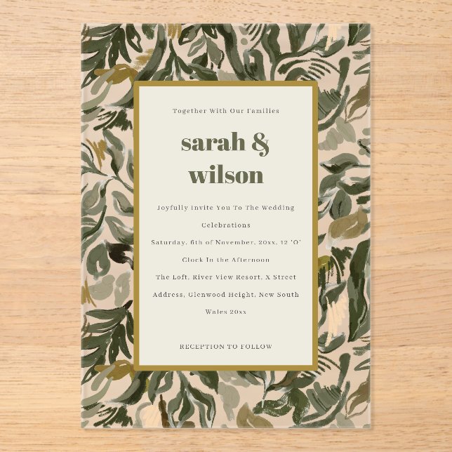 Chic Rustic Boho Retro Green Botanical Wedding Acrylic Invitations (Front)