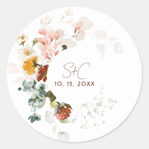 Chic Rustic Boho Wildflower Floral Garden Wedding Classic Round Sticker