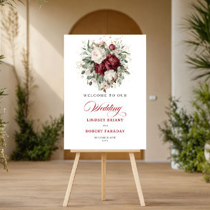 Chic Rustic Burgundy Floral Eucalyptus Welcome Poster
