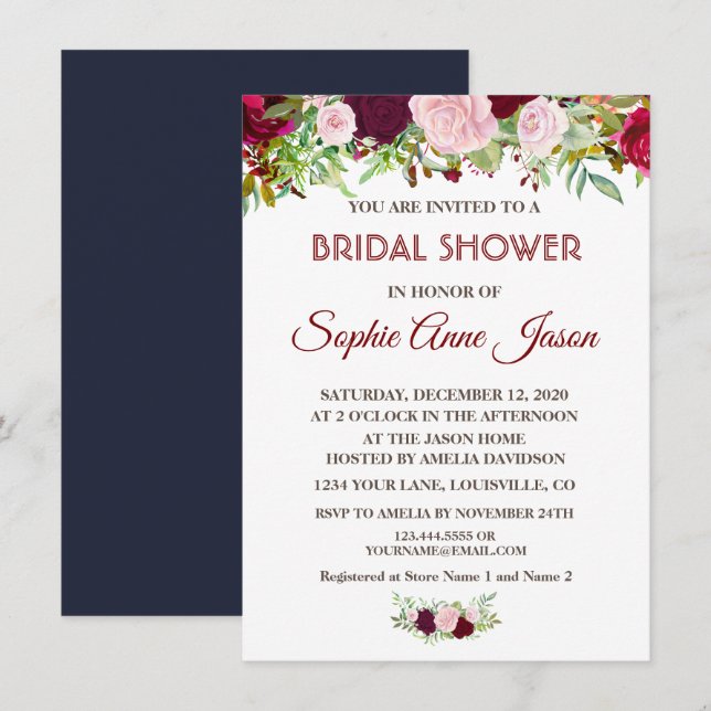 Chic Rustic Burgundy Marsala Floral Bridal Shower Invitation (Front/Back)