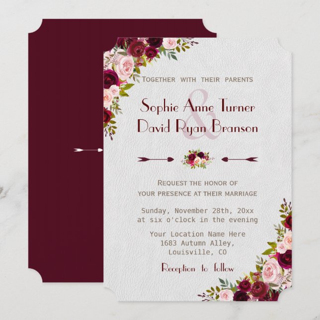 Chic Rustic Burgundy Marsala Floral Wedding Invitation (Front/Back)