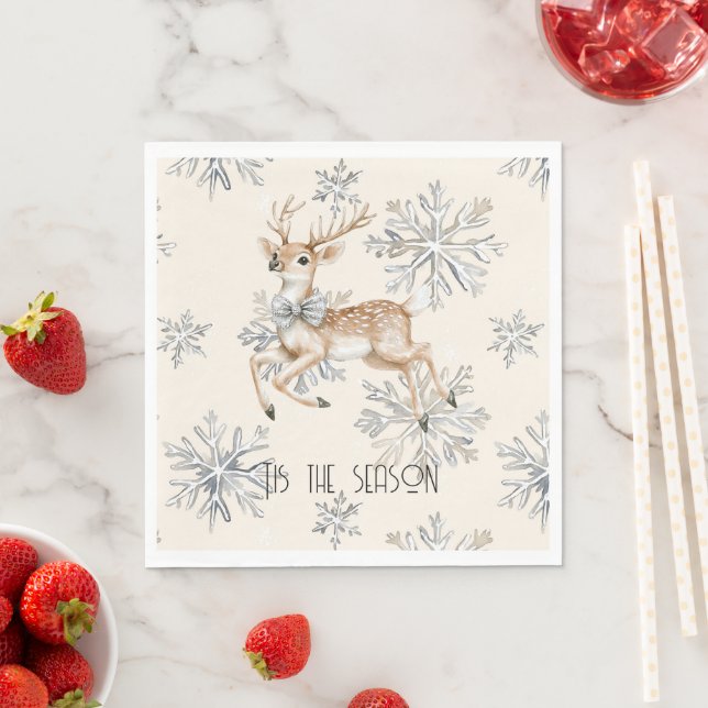 Chic Rustic Christmas Cream Deer Snowflakes Napkins (Insitu)