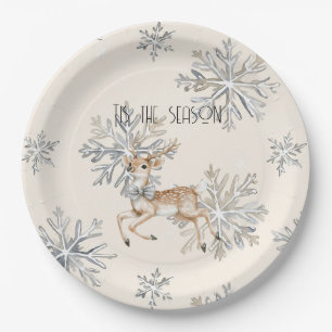 Chic Rustic Christmas Cream Deer Snowflakes Paper Plates