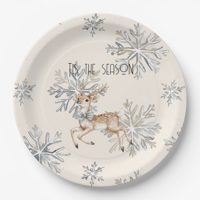 Chic Rustic Christmas Cream Deer Snowflakes Paper Plates (Front)