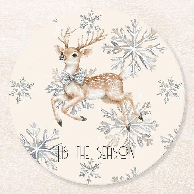 Chic Rustic Christmas Cream Deer Snowflakes Round Paper Coaster (Front)