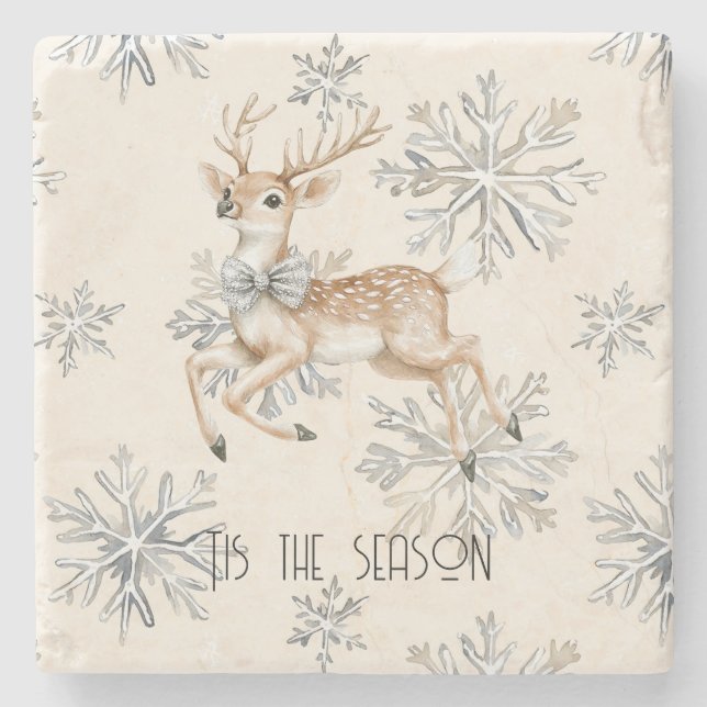 Chic Rustic Christmas Cream Deer Snowflakes Stone Coaster (Front)
