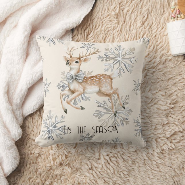 Chic Rustic Christmas Cream Deer Snowflakes Throw Pillow (Blanket)