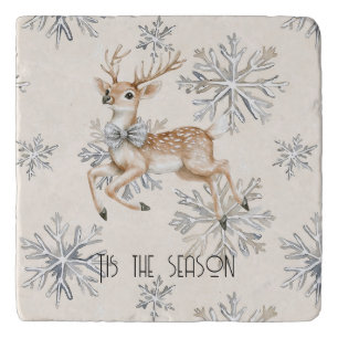 Chic Rustic Christmas Cream Deer Snowflakes Trivet