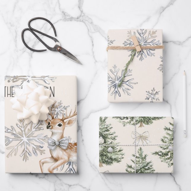 Chic Rustic Christmas Cream Deer Snowflakes Wrapping Paper Sheets (Front)