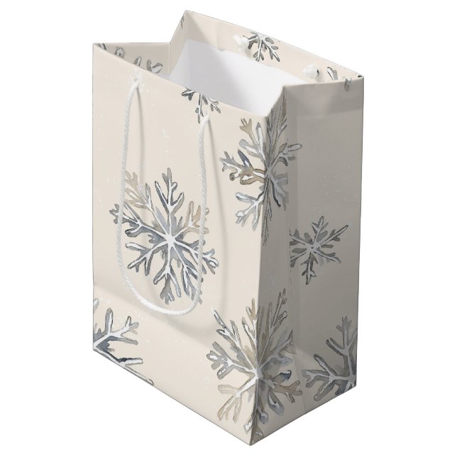 Chic Rustic Christmas Cream Snowflakes Medium Gift Bag (Front Angled)
