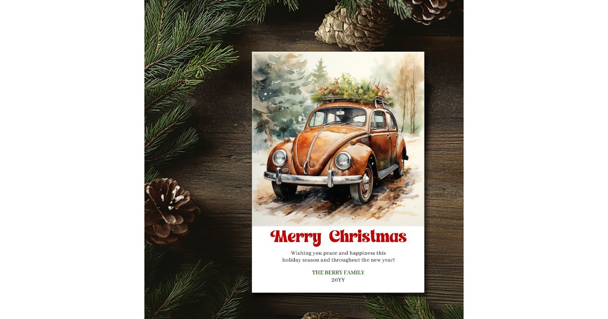 Chic rustic Christmas scene red car card style | Zazzle
