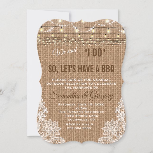 Chic Rustic Country Lace String Lights I DO BBQ Invitation (Front)