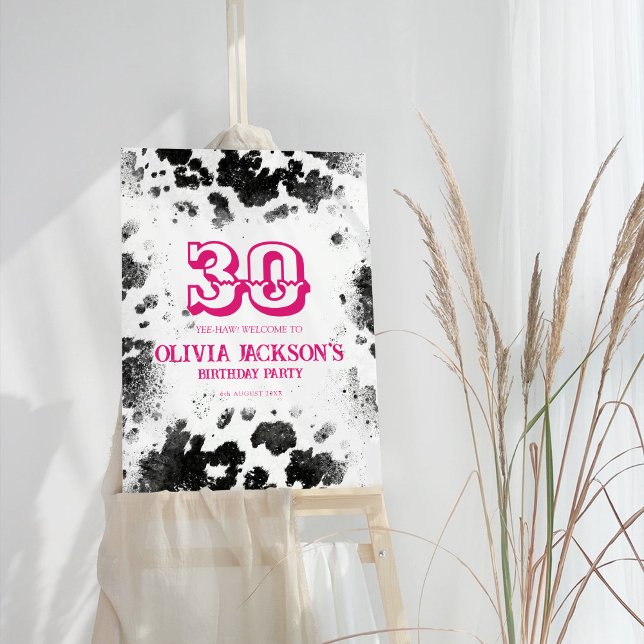 Chic Rustic Cow Print Hot Pink 30th Birthday Party Foam Board (Creator Uploaded)