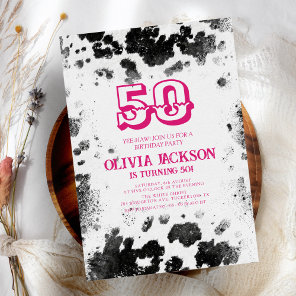 Chic Rustic Cow Print Hot Pink 50th Birthday Party Invitation