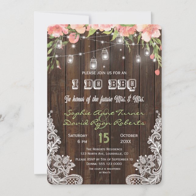 Chic Rustic Floral Barn Mason Jar Lights I DO BBQ Invitation (Front)