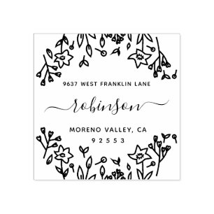 Chic Rustic Floral Frame Handwritten Return Addres Rubber Stamp