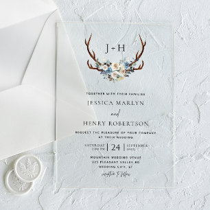 Chic Rustic Floral Stag Antlers Wedding Acrylic Invitations