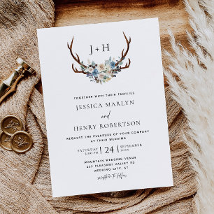 Chic Rustic Floral Stag Antlers Wedding Invitation