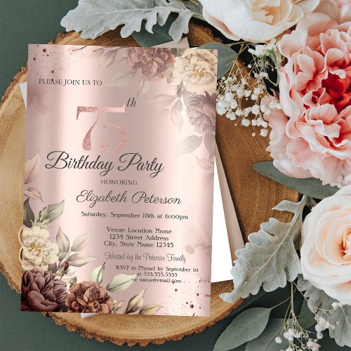 Chic Rustic Flowers Rose Gold 75th Birthday   Invitation