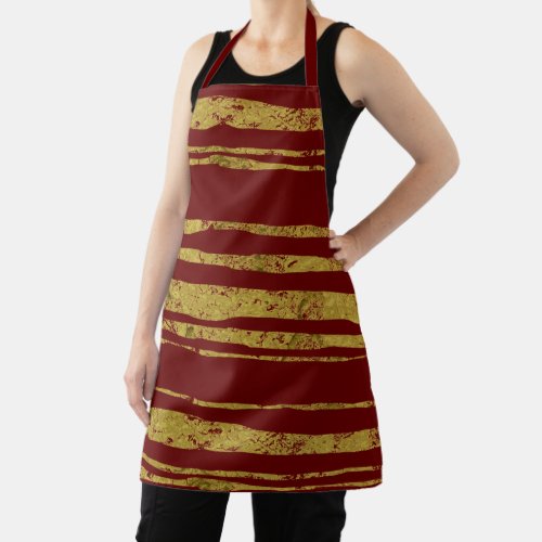 Chic Rustic Gold Stripes on Burgundy Red Pattern Apron