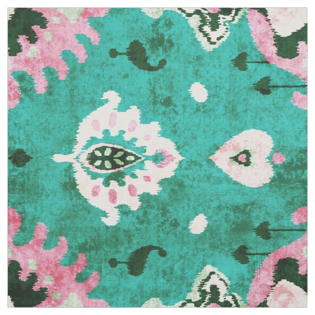 Chic rustic green and pink ikat tribal pattern fabric (Swatch)