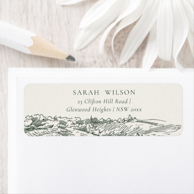 Chic Rustic Green Winery Mountain Sketch Address Label (Insitu)