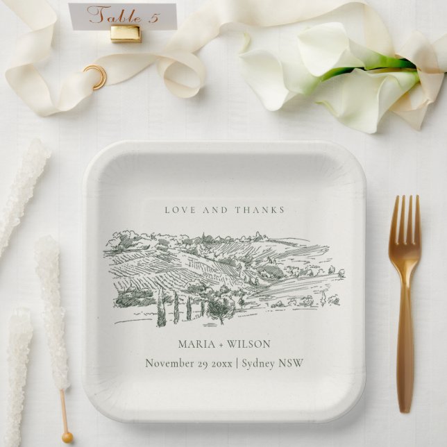 Chic Rustic Green Winery Mountain Sketch Wedding Paper Plates (Wedding)