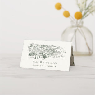Chic Rustic Green Winery Mountain Sketch Wedding Place Card