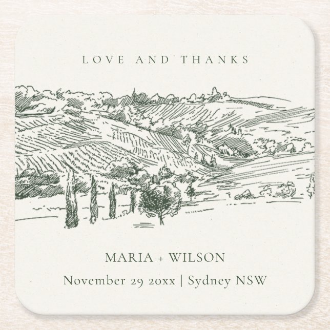 Chic Rustic Green Winery Mountain Sketch Wedding Square Paper Coaster (Front)