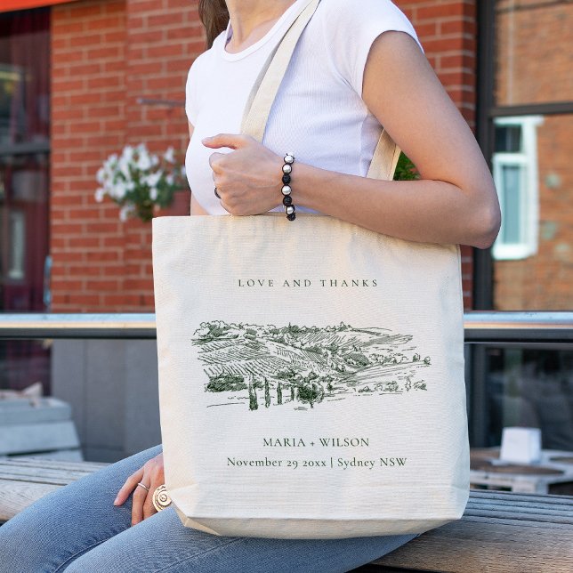 Chic Rustic Green Winery Mountain Sketch Wedding Tote Bag (Creator Uploaded)