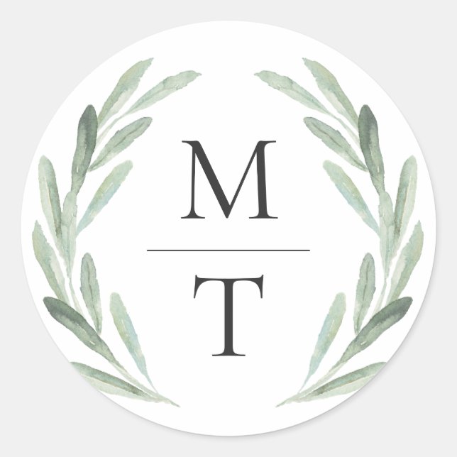 Chic & Rustic Green Wreath Monogram Wedding Favor Classic Round Sticker (Front)