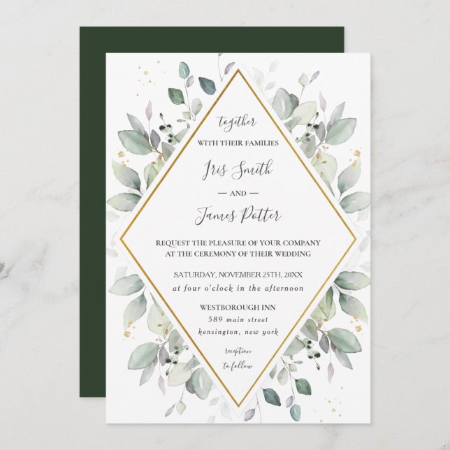 Chic Rustic Greenery Gold Green Foliage Wedding  I Invitation (Front/Back)