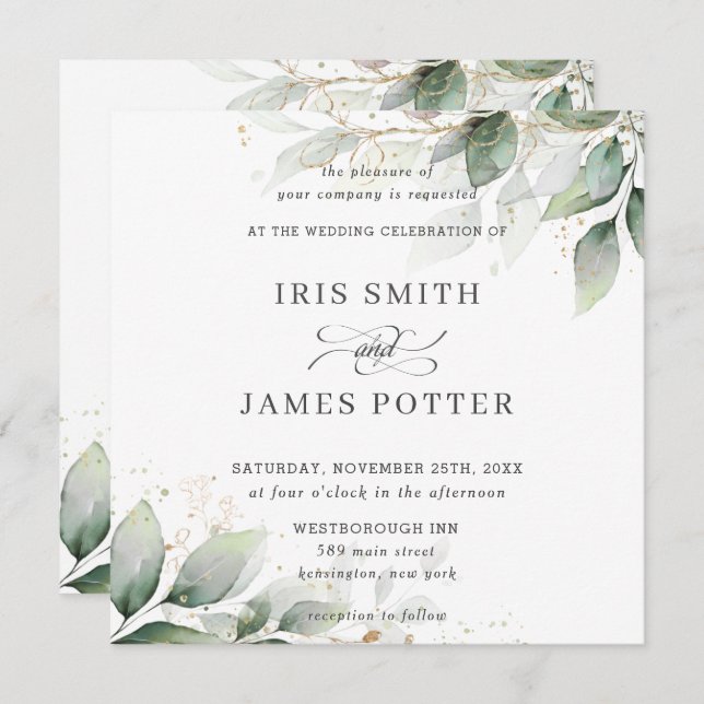 Chic Rustic Greenery Leafy Foliage Gold Wedding Invitation (Front/Back)