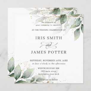 Chic Rustic Greenery Leafy Foliage Gold Wedding Invitation