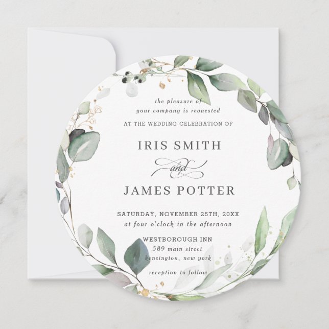 Chic Rustic Greenery Leafy Foliage Wreath Wedding Invitation (Front)