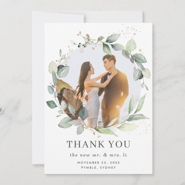Chic Rustic Greenery Wreath Leafy Photo Wedding Thank You Card (Front)