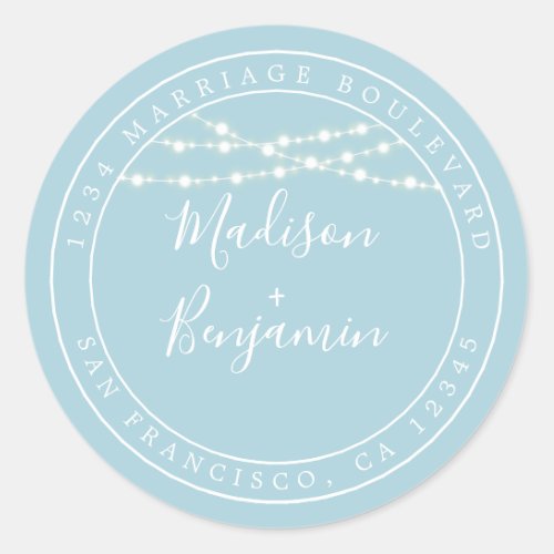 Chic Rustic Lights Blue Wedding Return Address Classic Round Sticker