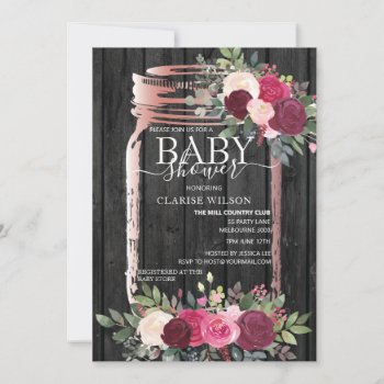 Chic Rustic Mason Jar Rose Gold Baby Shower Invitation by inkconvenient at Zazzle