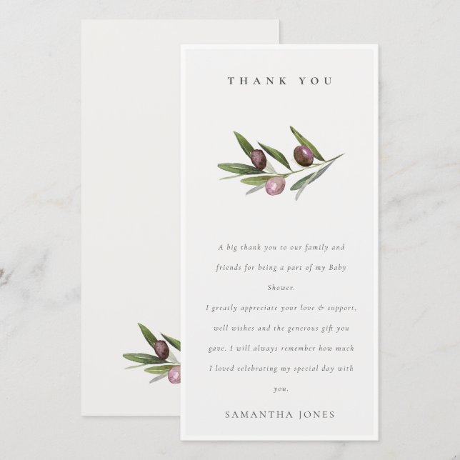 Chic Rustic Minimal Olive Branch Foliage Wedding Thank You Card (Front/Back)