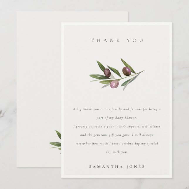 Chic Rustic Minimal Olive Branch Foliage Wedding Thank You Card (Front/Back)