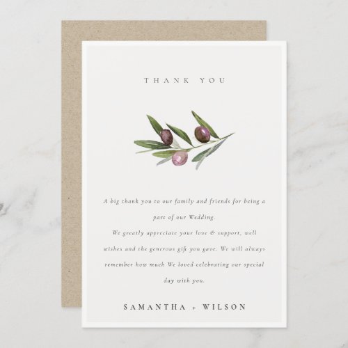 Chic Rustic Minimal Olive Branch Foliage Wedding Thank You Card