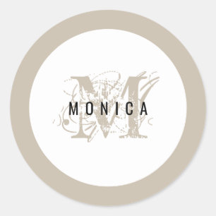 Chic Rustic Modern Beige Monogram Classic Round Sticker