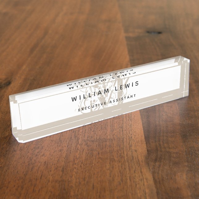 Chic Rustic Modern Beige Monogram Desk Name Plate (Side)