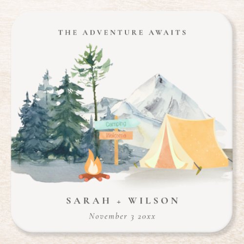Chic Rustic Pine Woods Camping Mountain Wedding Square Paper Coaster