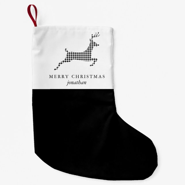 Chic Rustic Plaid Deer with Name Christmas Small Christmas Stocking (Front)