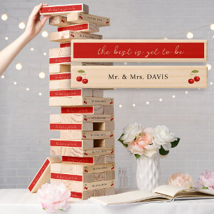Chic Rustic Pretty Red CherriY Mr Mrs Calligraphy Topple Tower